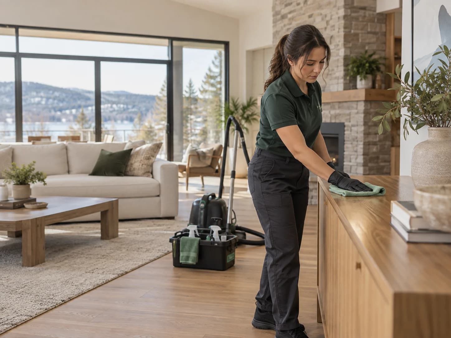 Nettoyage professionnel d’une surface en bois dans une maison lumineuse
